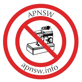 apnsw logo - sewing machine with a red 'no entry' sign over it, with website link apnsw.info