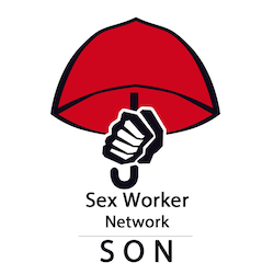 red umbrella with a clenched fist above the words "Sex Worker Network SON"