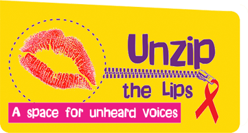 Unzip the Lips logo - yellow background, red lipstick mark, name in purple text and "a space for unheard voices" in white on pink, red ribbon in bottom right.