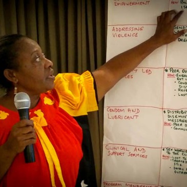 Participant from PNG points out responses on a flipchart for each thematic area of SWIT.